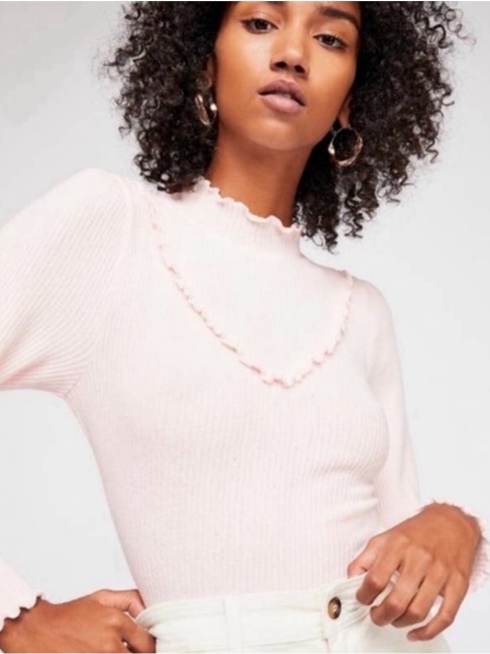 Free People Light Pink Ribbed Lettuce Hem Love Struck Long Sleeve Blouse Size XS